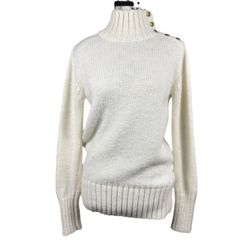Zara Women Ivory Textured Knit Turtleneck Sweater M Shoulder Buttons Ribbed Hem